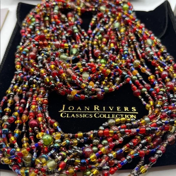 Vintage Joan Rivers Glass Gold Tone Jewel Tone 12 Multistrand Beaded Necklace